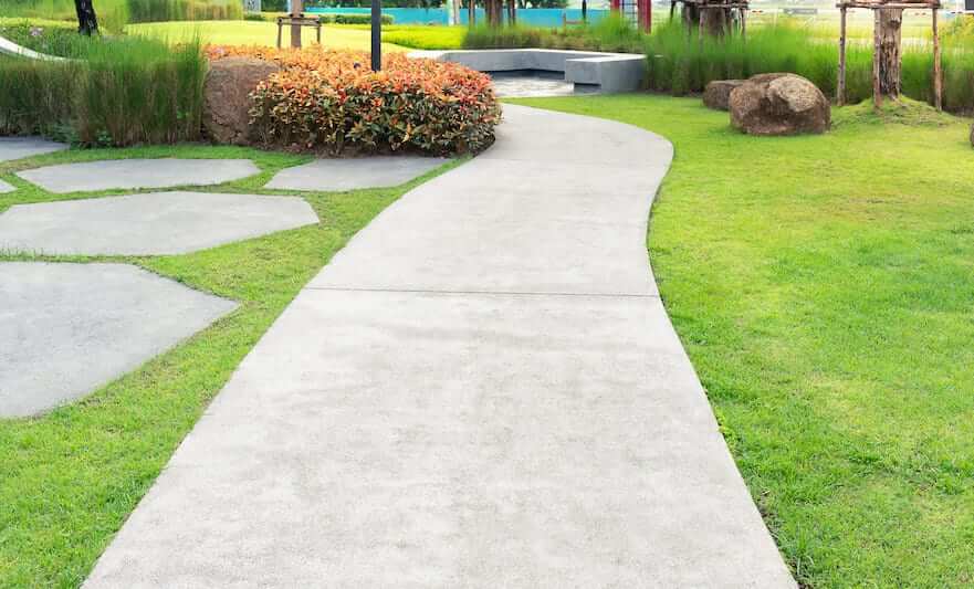 Palm Beach Concrete Walkway. A serene park walkway surrounded by lush green grass and tall trees, inviting visitors to enjoy nature's beauty.